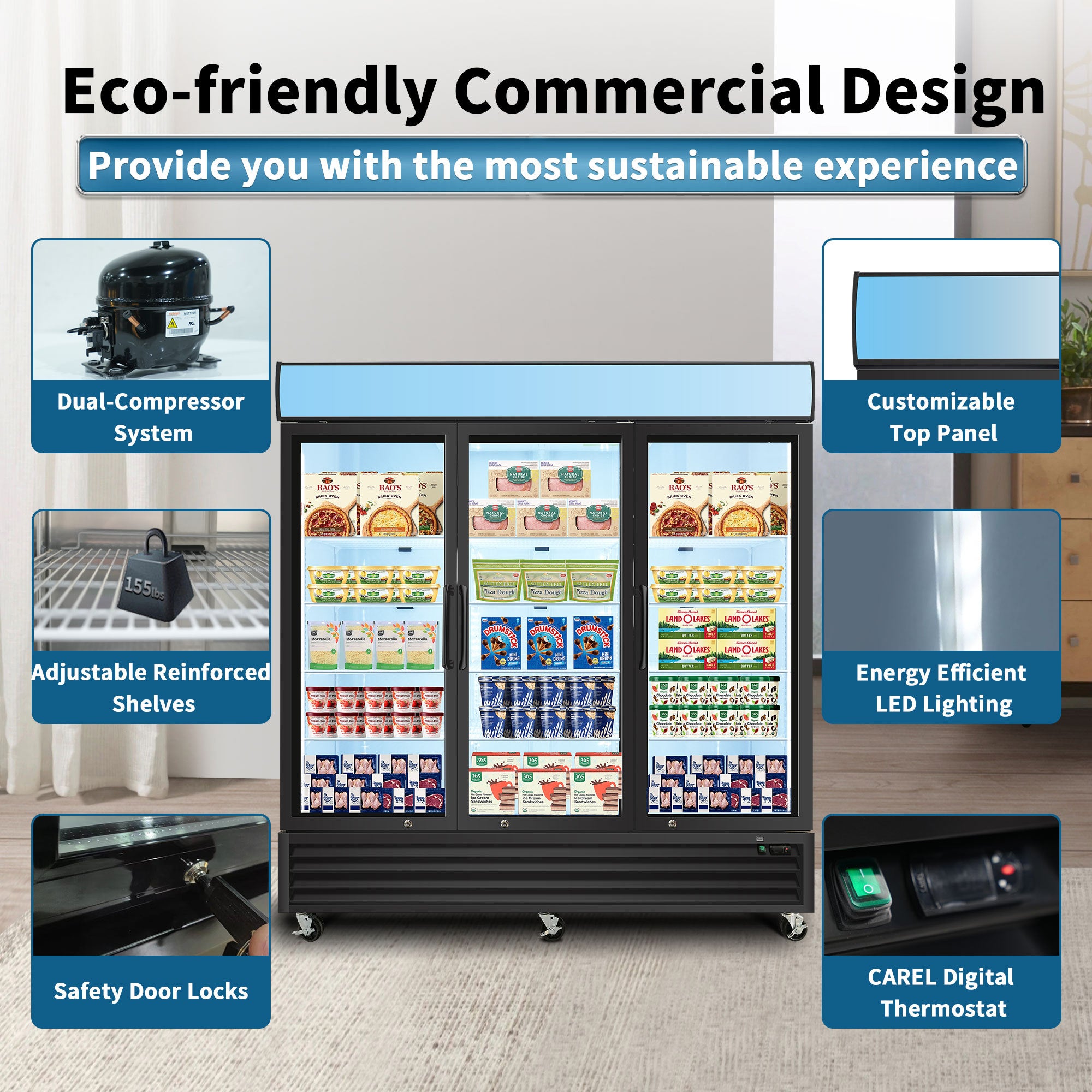 WURESE Glass Door Merchandiser Freezer 70 Cu.ft Swing Door Commercial Reach-In Display Freezers with LED Top Panel Upright Freeze Storage