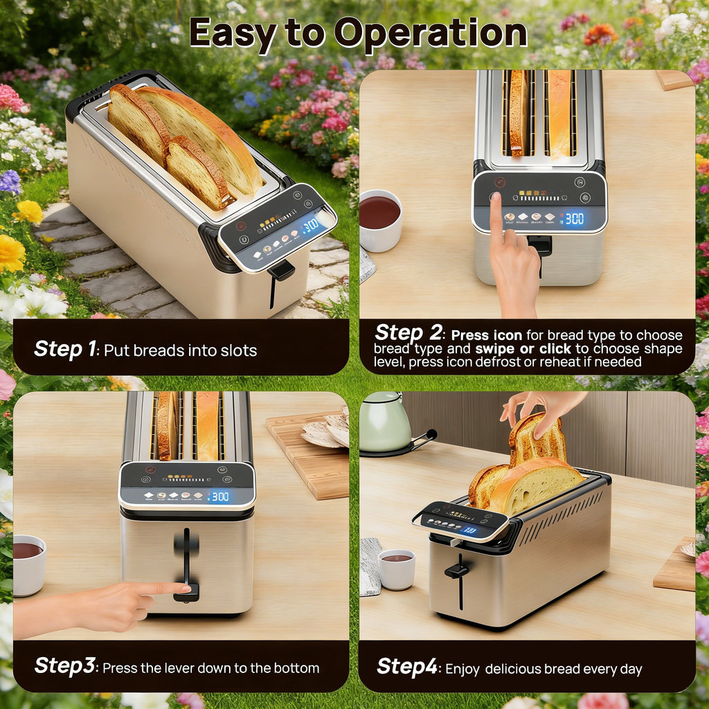 WHALLULTRA Touch Screen Long Slot Toaster 4 Slice, Projection Display 1.5" Wide Slots, 5 Bread Types & 11 Shade Settings