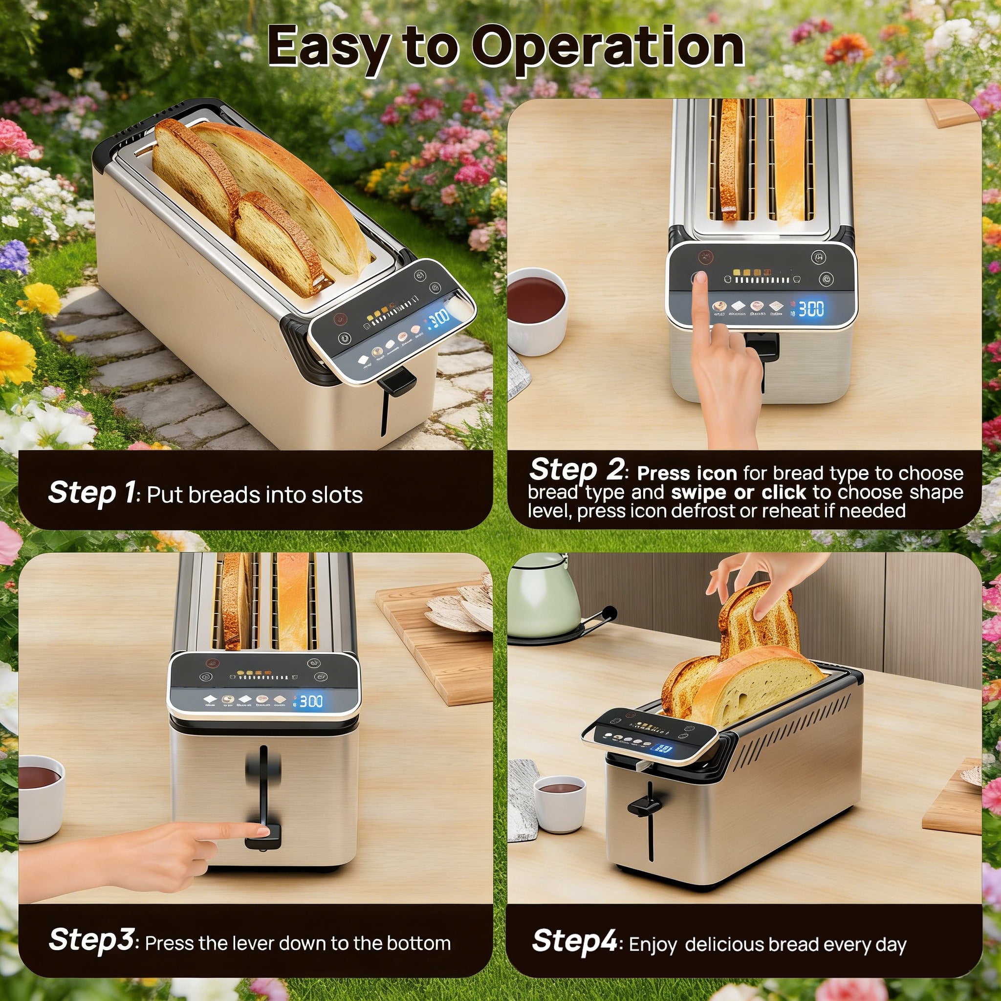 WHALLULTRA Touch Screen Long Slot Toaster 4 Slice, Projection Display 1.5" Wide Slots, 5 Bread Types & 11 Shade Settings