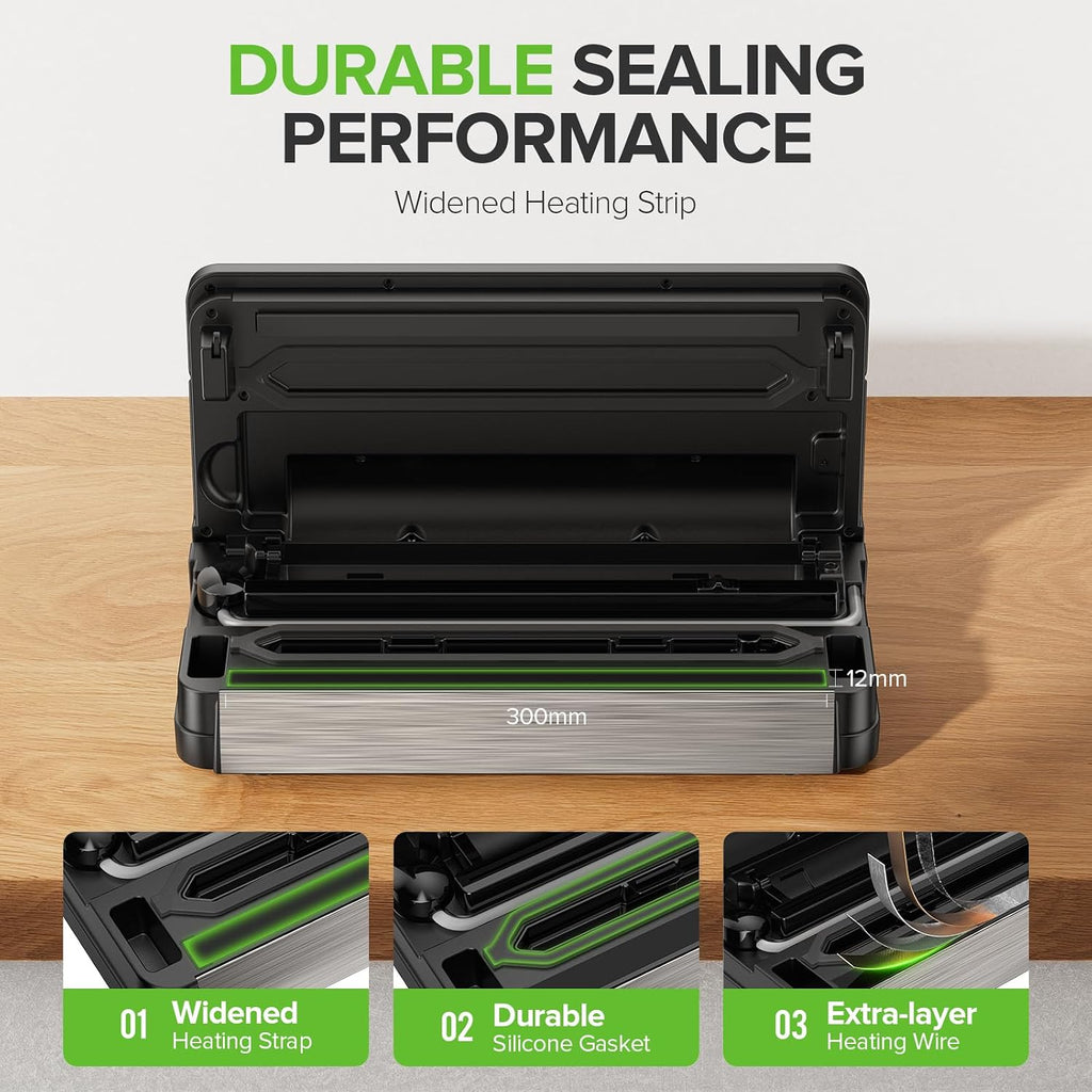 WURESE Double-Pump Vacuum Sealer, 95kPa 24L/min Suction, Versatile Modes for Dry/Moist/Delicate Foods, Built-in Cutter, LCD Touch, Bags & Hose Included