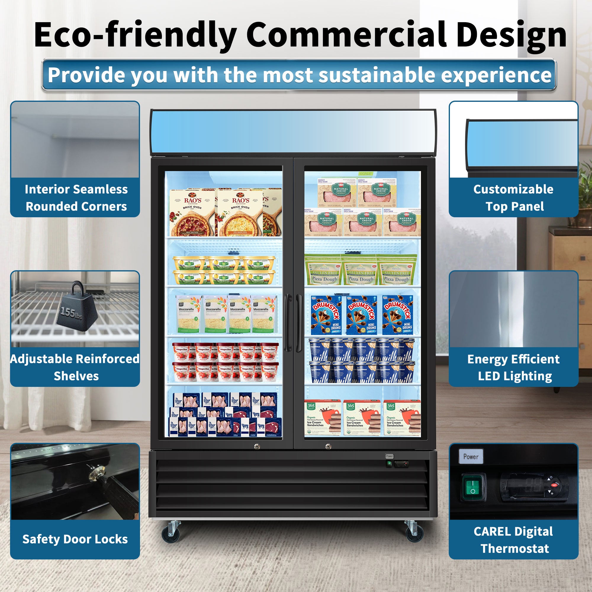 WURESE Glass Door Merchandiser Freezer 44.7 Cu.ft Swing Door Commercial Reach-In Display Freezers with LED Top Panel Upright Freeze Storage