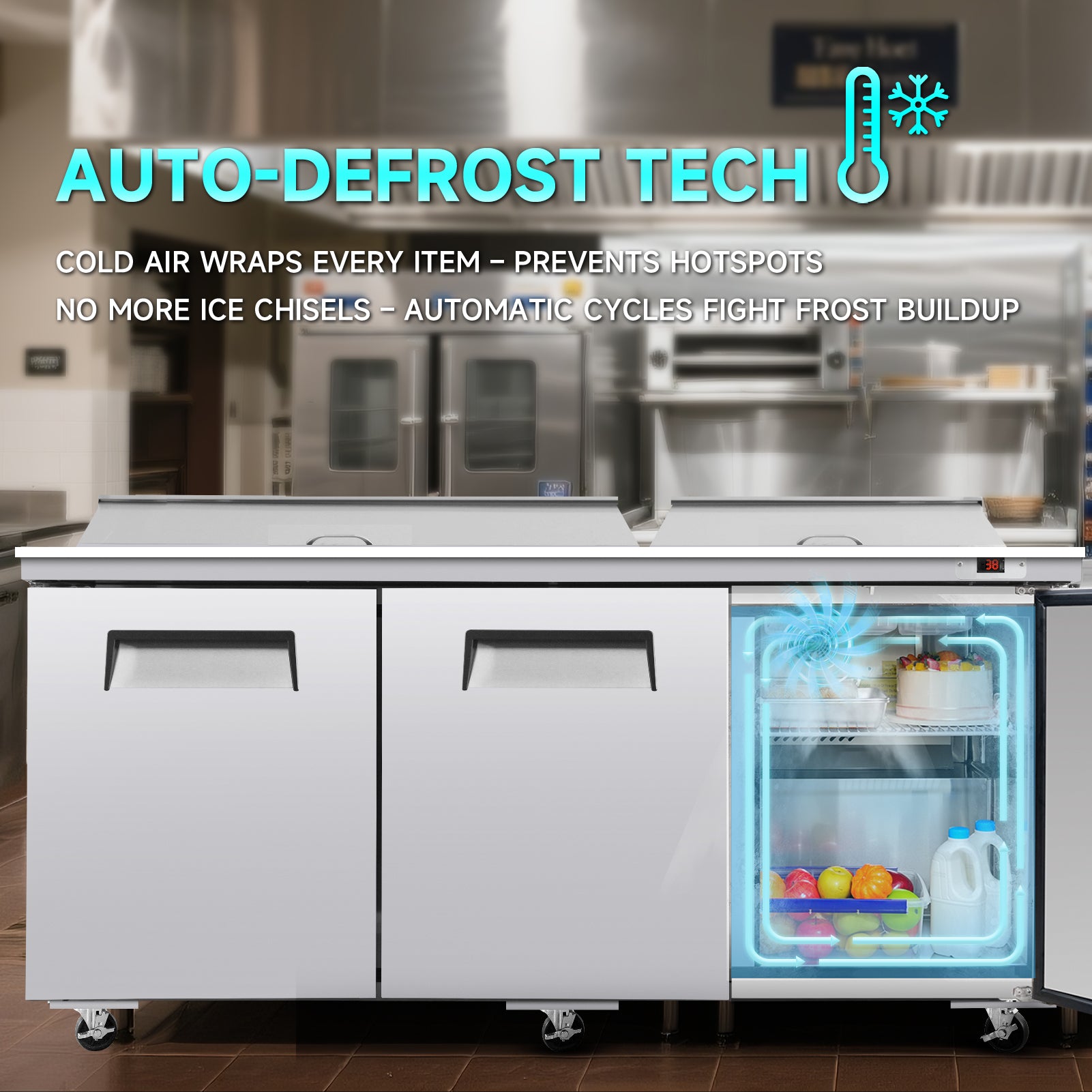 WURESE 72" Commercial Refrigerated Prep Table with Butcher Block Cutting Board, Sandwich & Salad Worktable with Protective Lid, ETL Certified