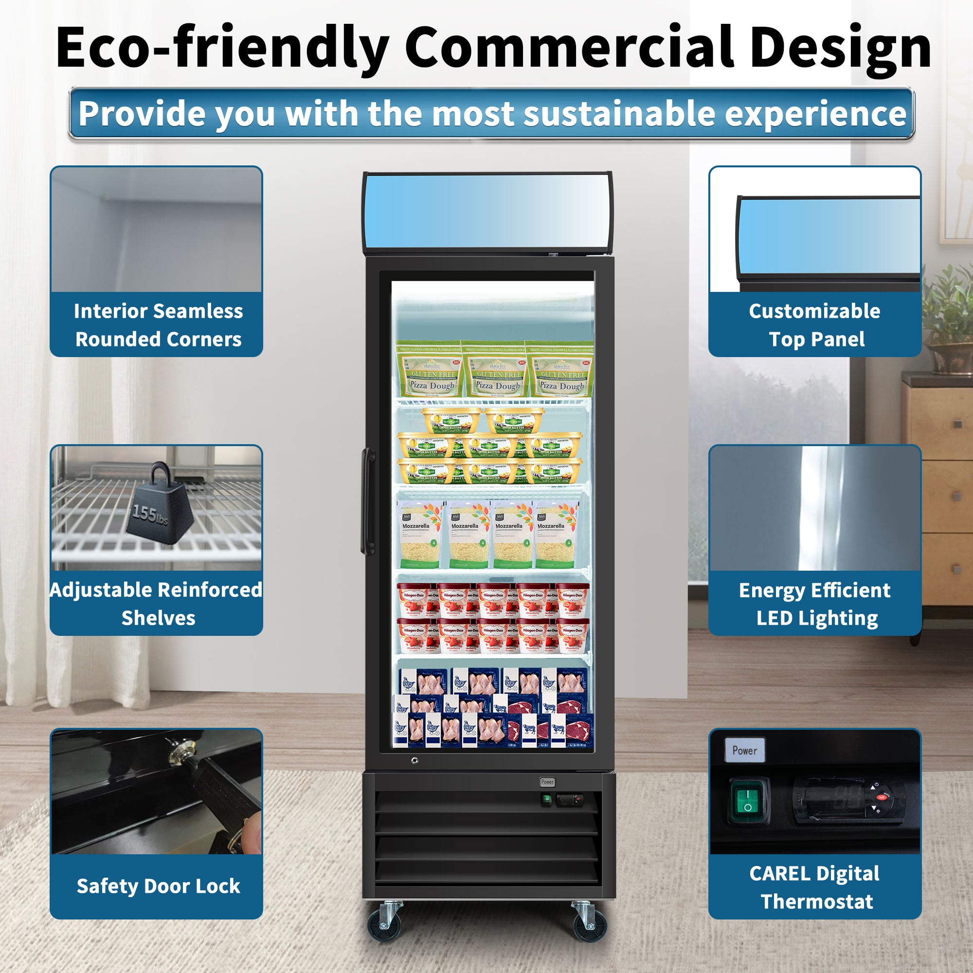 WURESE Glass Door Merchandiser Freezer 19.3 Cu.ft Swing Door Commercial Reach-In Display Freezers with LED Top Panel Upright Freeze Storage