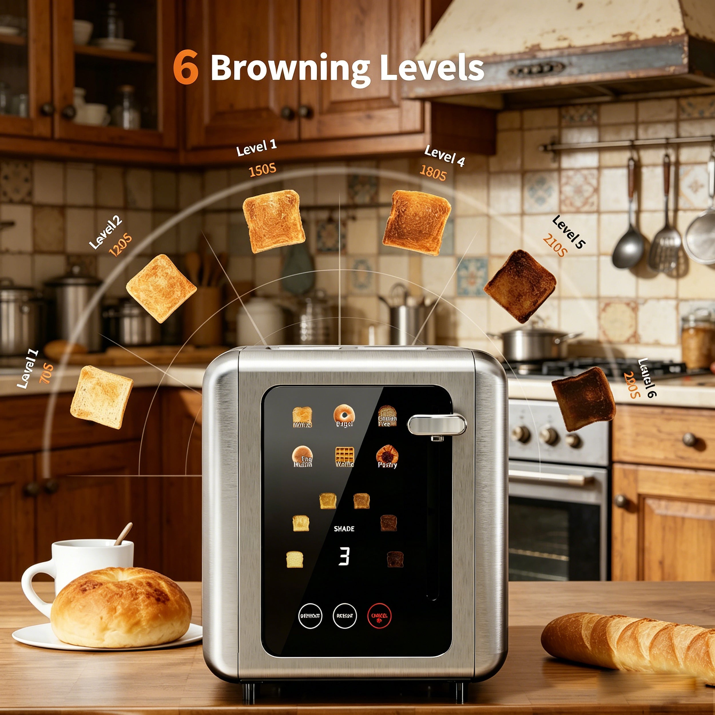 WHALLSE Toaster 2 slice, 6 Bread Shade Settings,Stainless Steel Toasters with Bagel,Cancel,Defrost Function,Removable Crumb Tray,sliver