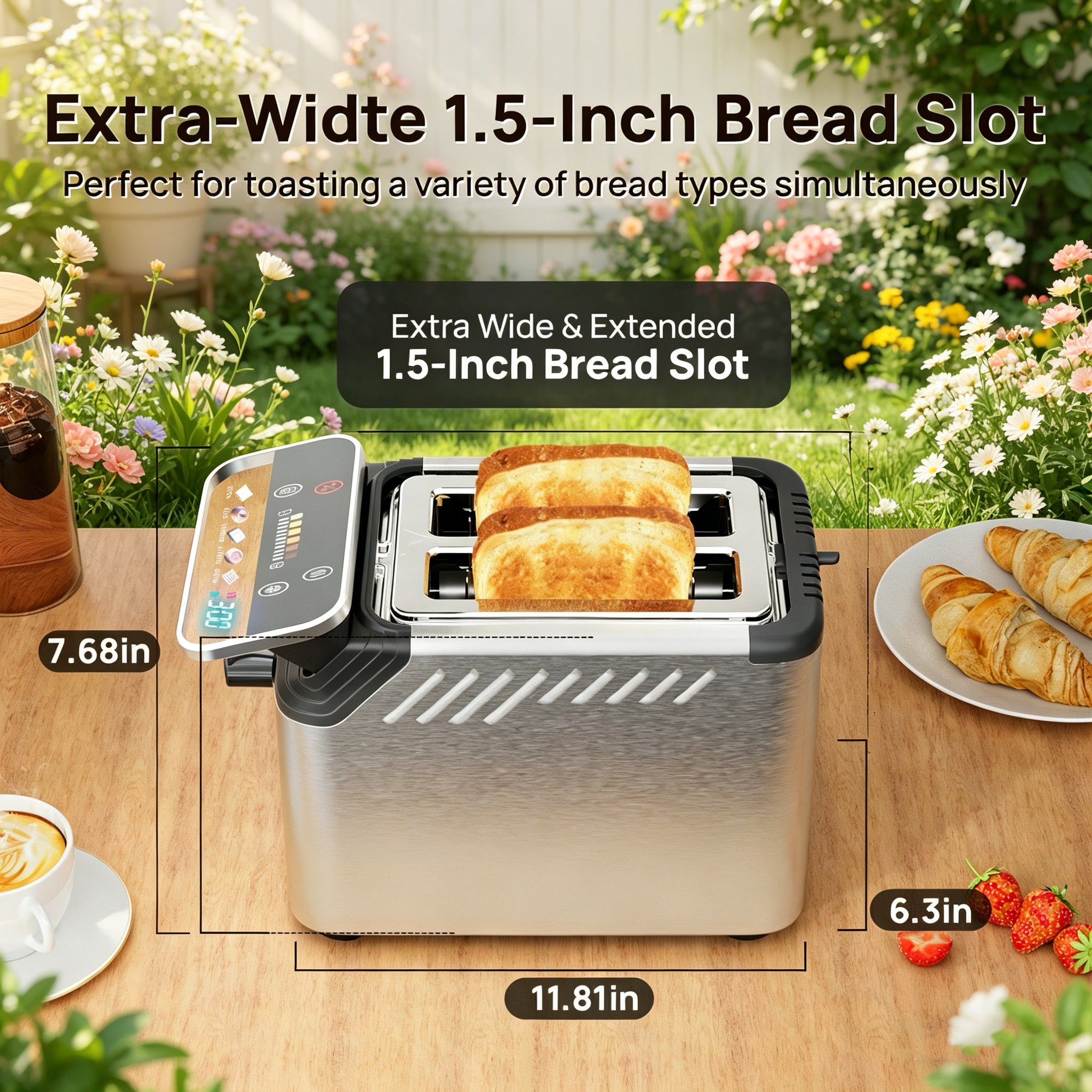 WHALLPRO Stainless Steel 2-Slice Smart Toaster with Touchscreen, Digital Timer, Extra-Wide Slots, Defrost/Reheat/Bread Type Functions, Warming Rack