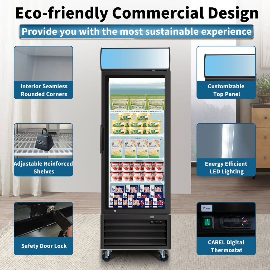 WURESE Glass Door Merchandiser Freezer 19.3 Cu.ft Swing Door Commercial Reach-In Display Freezers with LED Top Panel Upright Freeze Storage, gray