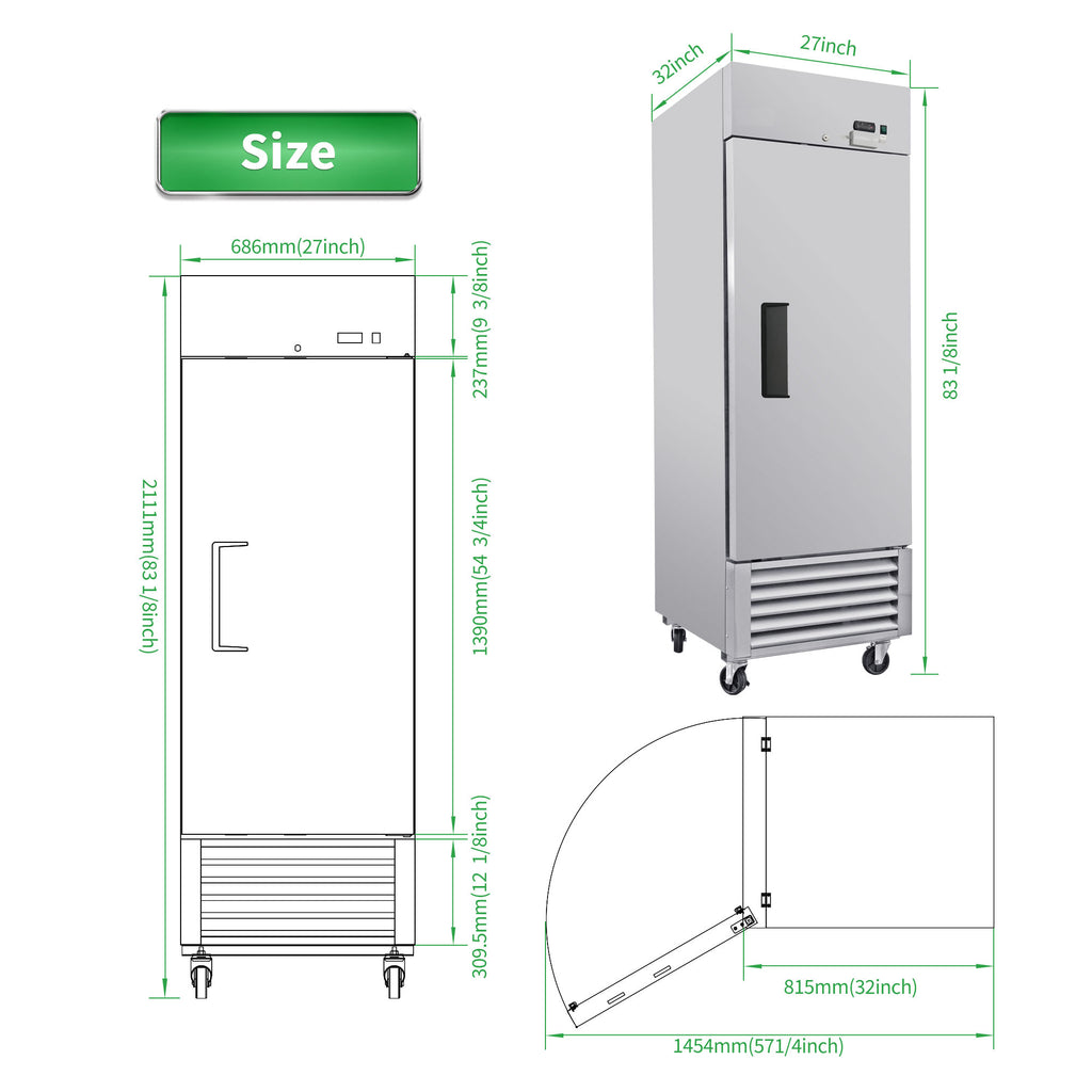 WURESE 27" Commercial Refrigerator, 23 cu.ft. 1 Solid Door Reach-In, Stainless Steel, ETL Approved, Upright Fridge for Restaurant & Kitchen Storage