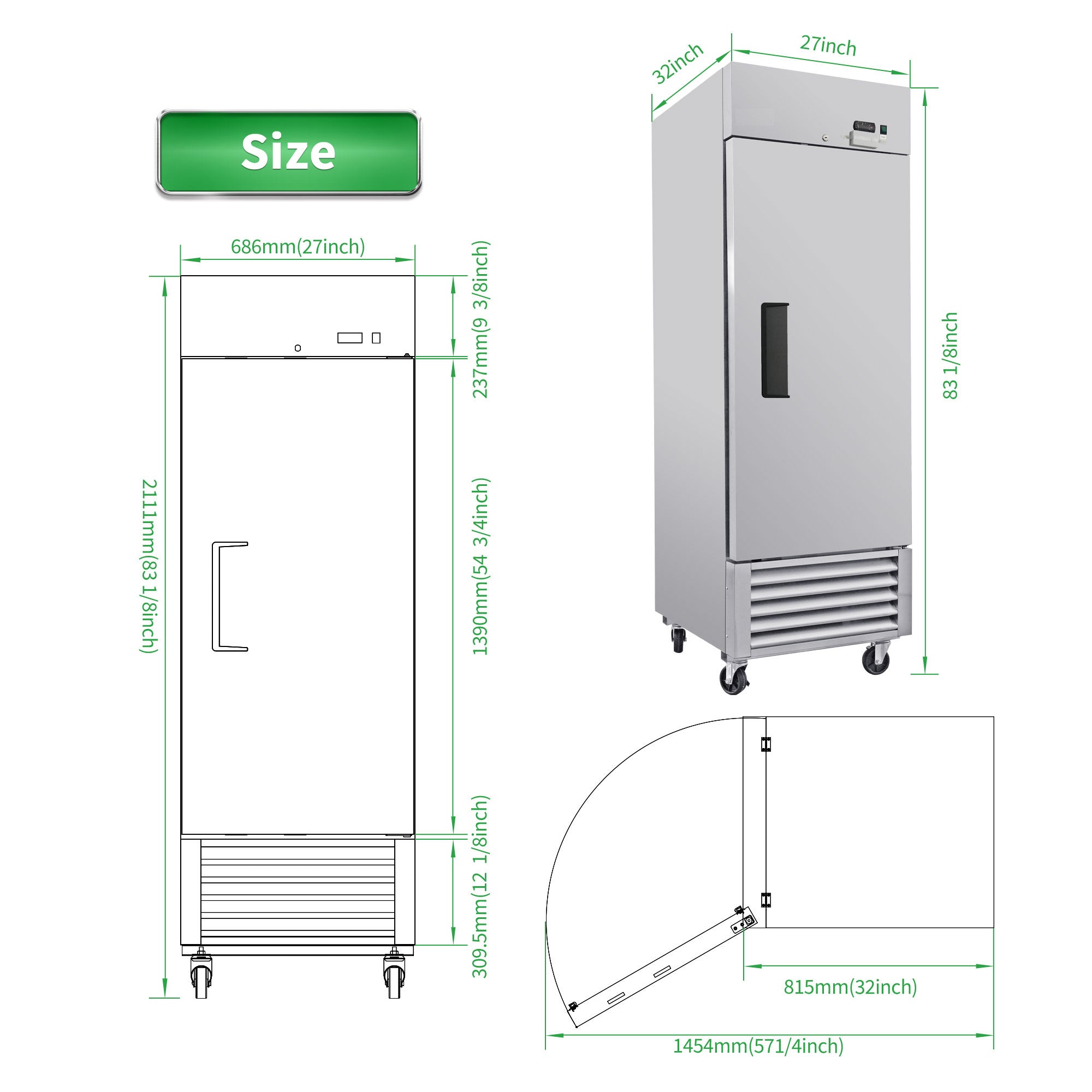 WURESE 27" Commercial Refrigerator, 23 cu.ft. 1 Solid Door Reach-In, Stainless Steel, ETL Approved, Upright Fridge for Restaurant & Kitchen Storage