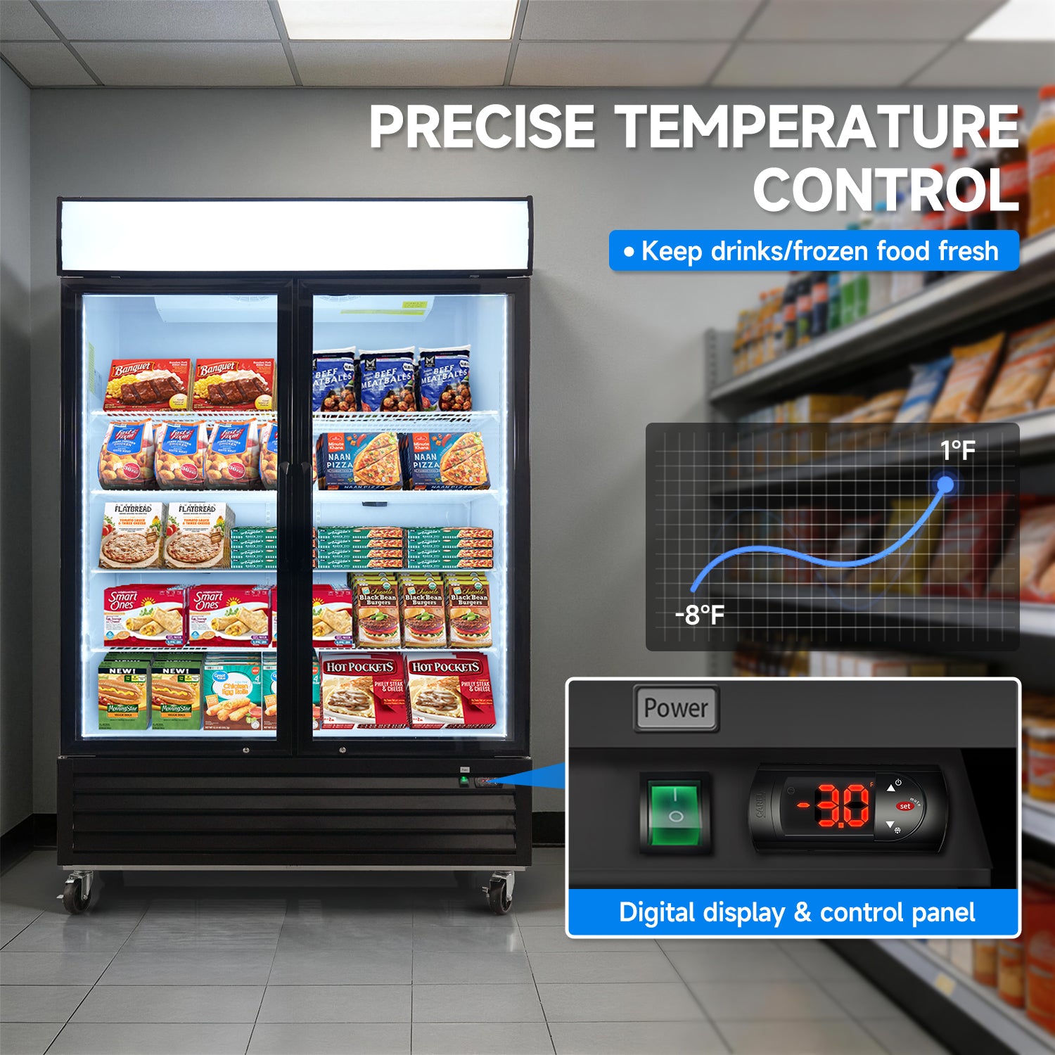 WURESE 44.7 cu.ft. Glass Door Merchandiser Freezer, Commercial Reach-In Swing Door Display Freezer with LED Lighting, Upright Freezer