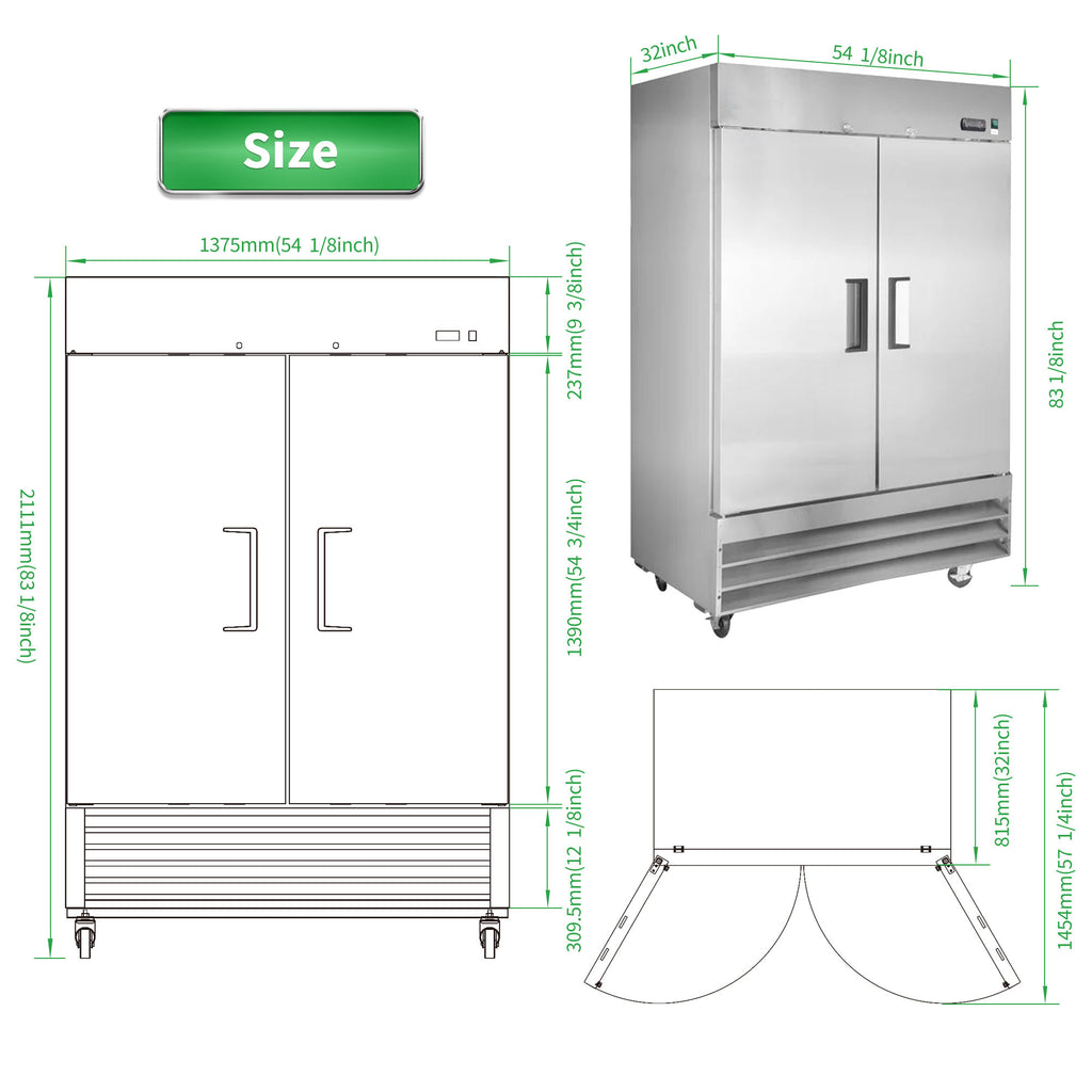 WURESE 54" Commercial Refrigerator, 49 cu.ft. 2 Solid Door Reach-In, Stainless Steel, ETL Approved, Upright Fridge for Restaurant & Kitchen Storage