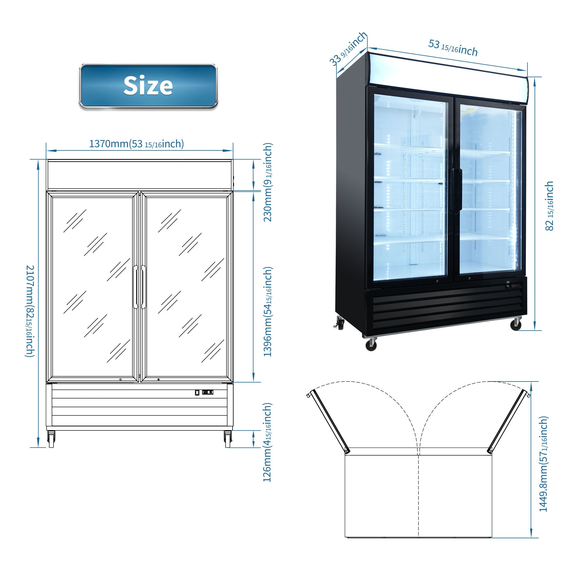 WURESE Glass Door Merchandiser Freezer 44.7 Cu.ft Swing Door Commercial Reach-In Display Freezers with LED Top Panel Upright Freeze Storage