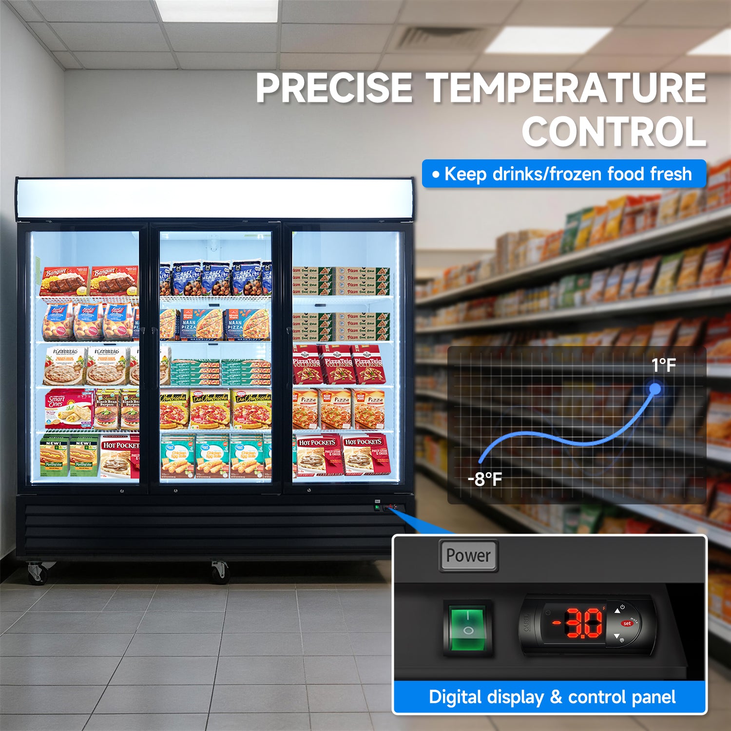 WURESE 70 cu. ft. Glass Door Merchandiser Freezer, Commercial Reach-In Swing Door Display Freezer with LED Lighting, Upright Freezer