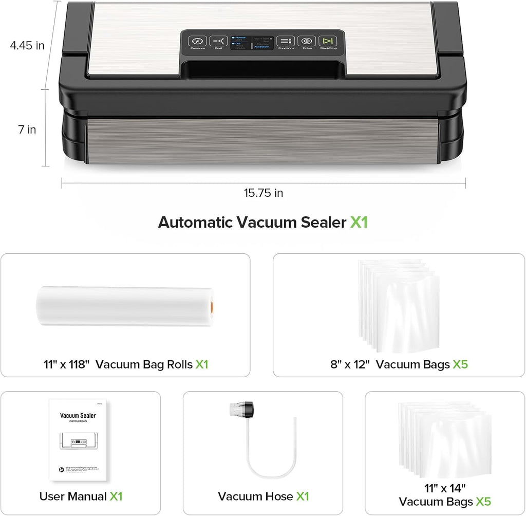 WURESE Double-Pump Vacuum Sealer, 95kPa 24L/min Suction, Versatile Modes for Dry/Moist/Delicate Foods, Built-in Cutter, LCD Touch, Bags & Hose Included