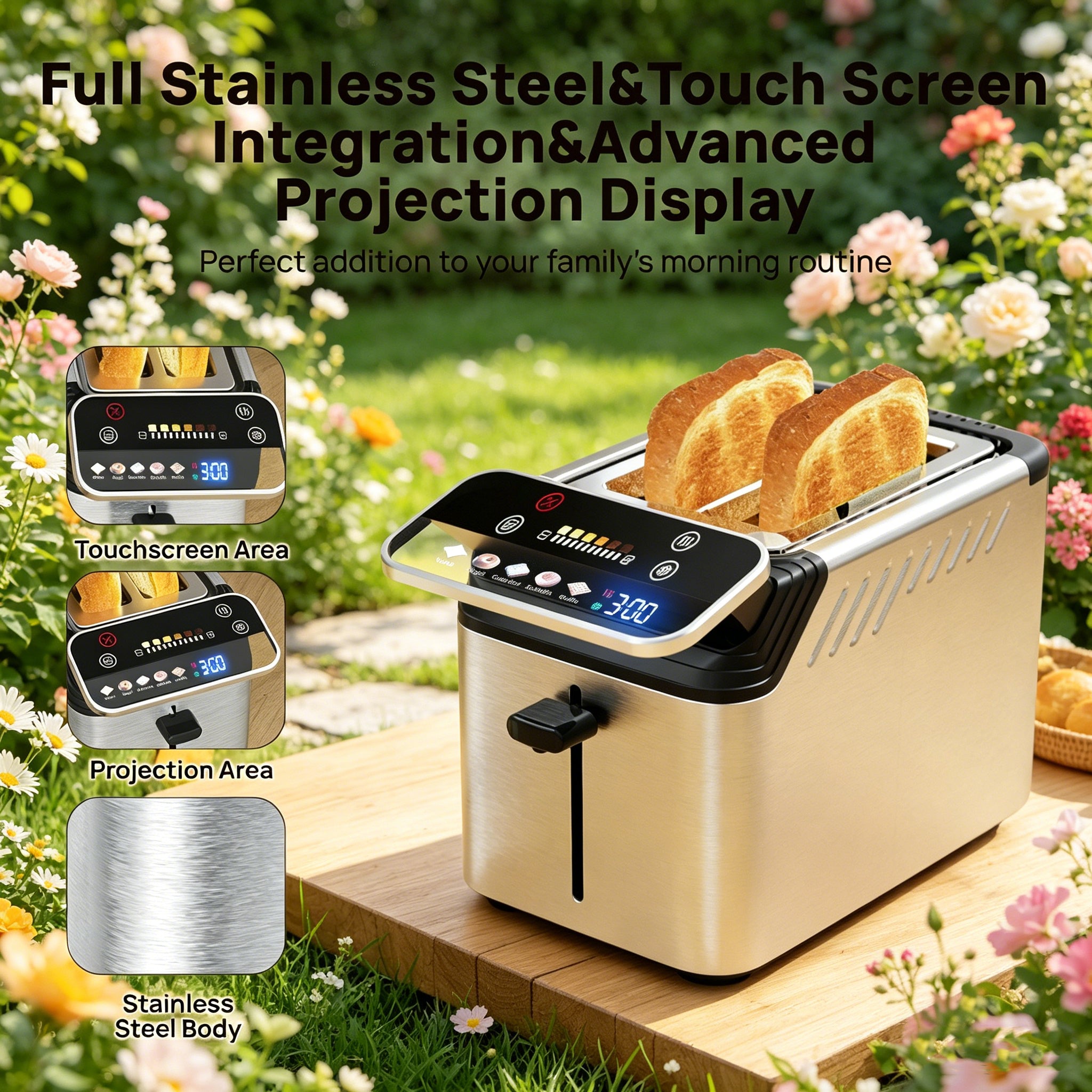 WHALLPRO Stainless Steel 2-Slice Smart Toaster with Touchscreen, Digital Timer, Extra-Wide Slots, Defrost/Reheat/Bread Type Functions, Warming Rack