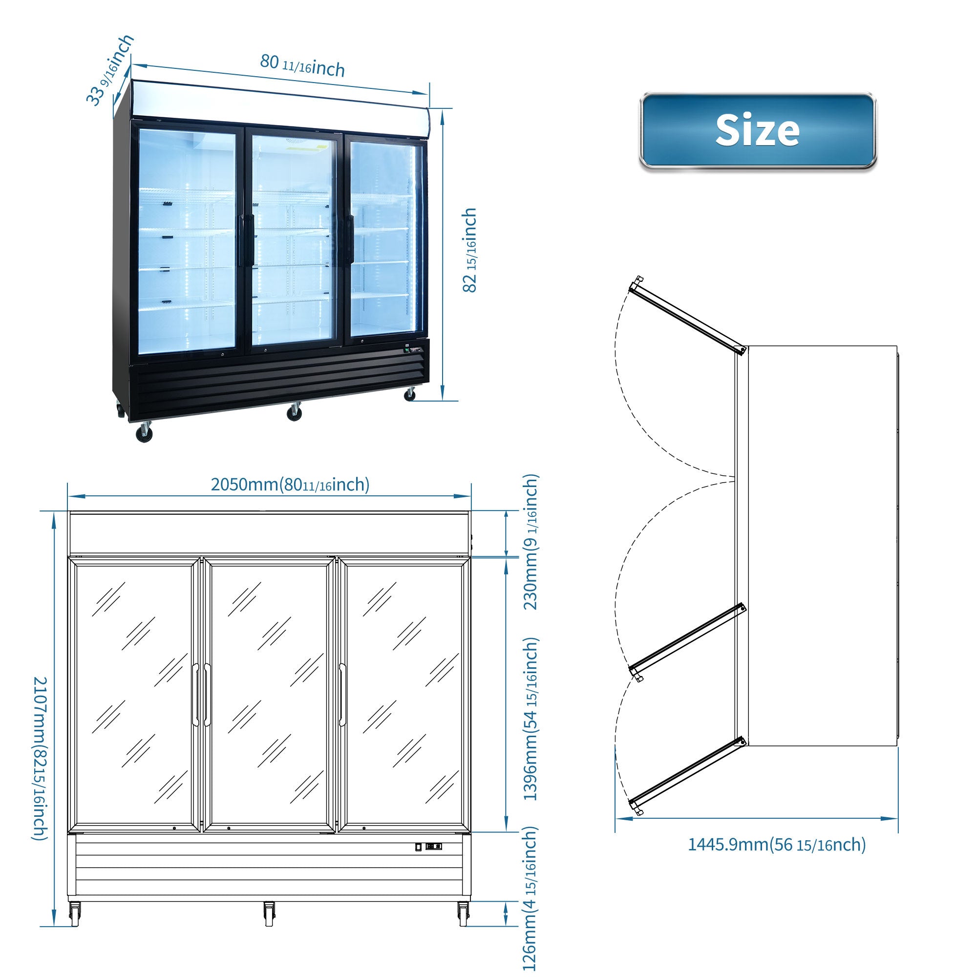 WURESE Glass Door Merchandiser Freezer 70 Cu.ft Swing Door Commercial Reach-In Display Freezers with LED Top Panel Upright Freeze Storage