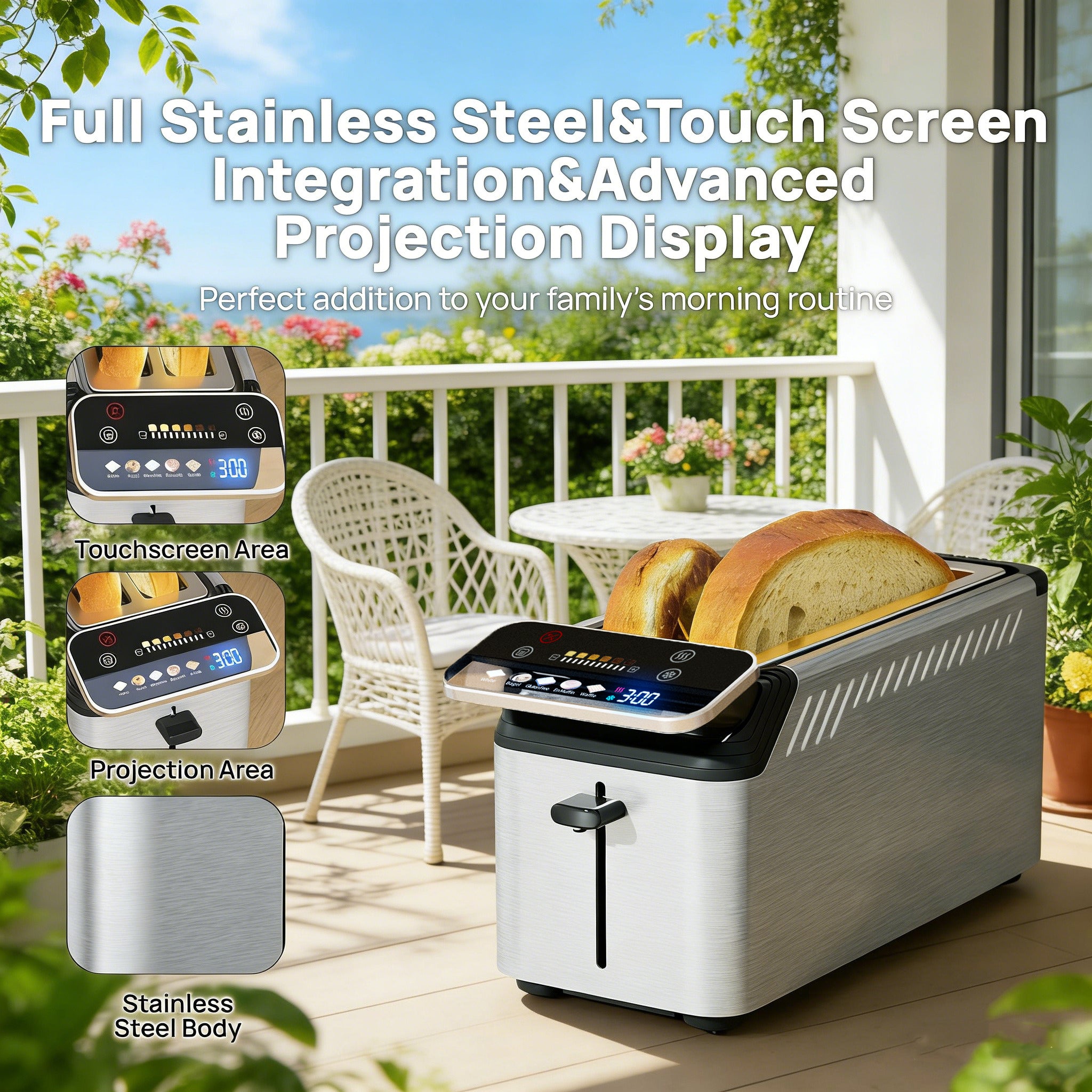 WHALLULTRA Touch Screen Long Slot Toaster 4 Slice, Projection Display 1.5" Wide Slots, 5 Bread Types & 11 Shade Settings