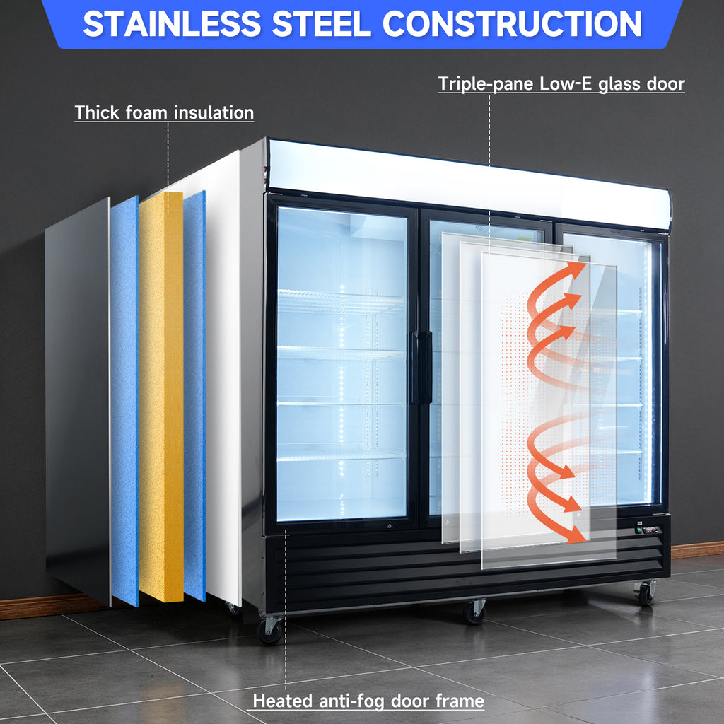 WURESE 70 cu. ft. Glass Door Merchandiser Freezer, Commercial Reach-In Swing Door Display Freezer with LED Lighting, Upright Freezer