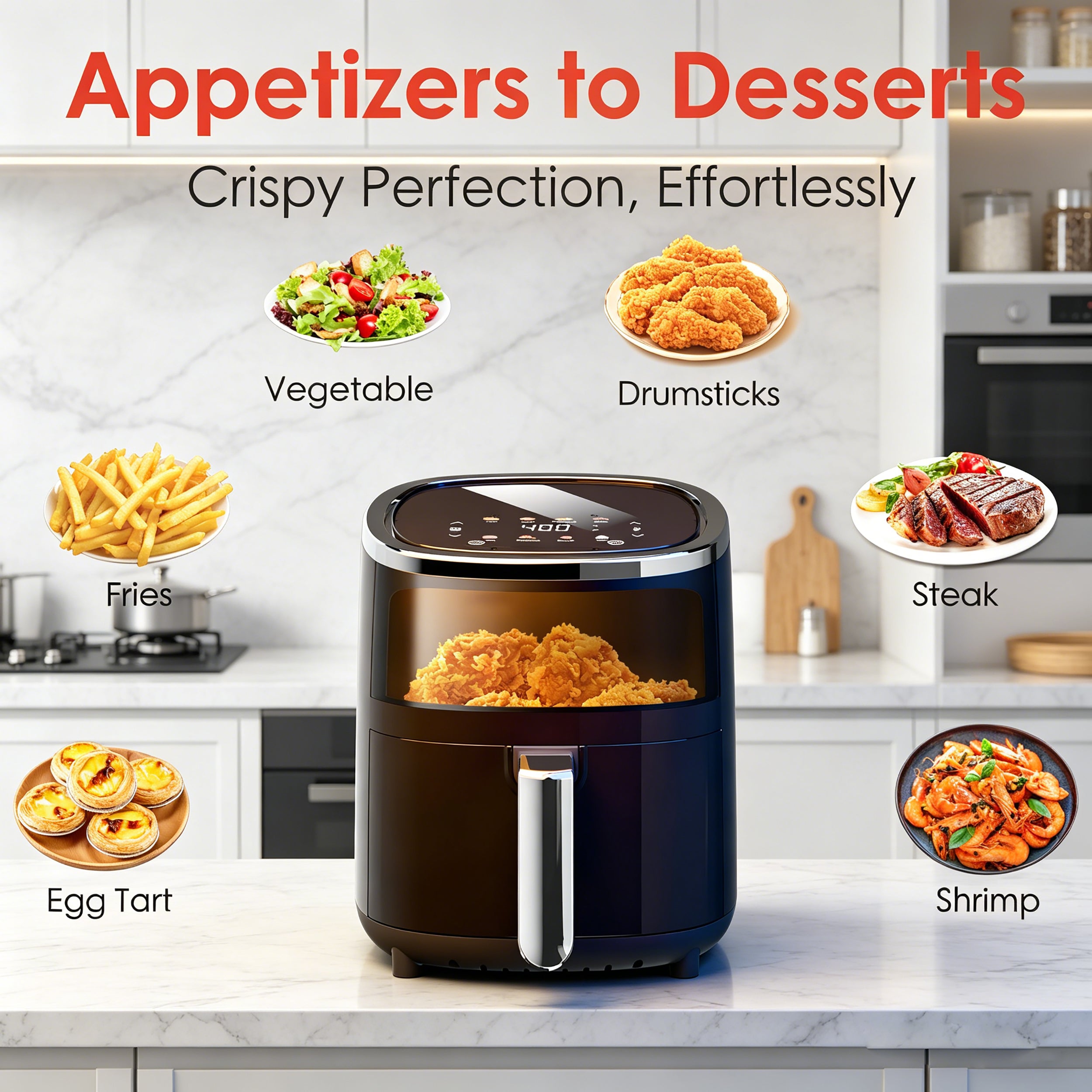 WURESE Compact Air Fryer, Touchscreen Smart Digital Color 4QT Air Fryers with View Window, 12 Presets, Air Fry, Bake, Broil, Dehydrate, Roast, Reheat - Black