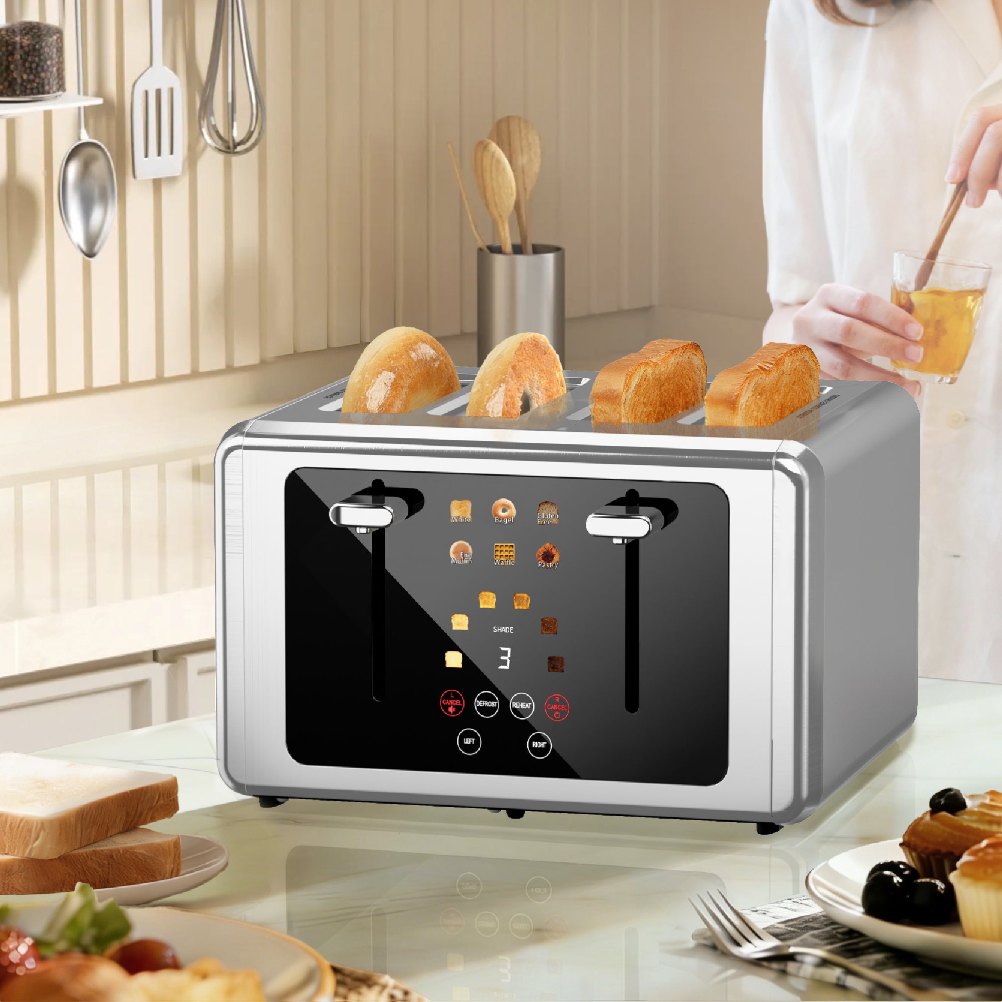 WHALLPRO Toaster 4 Slice,Touchscreen Toaster with 6 Bread Types & 6 Shade Settings, Stainless Still 2 slice Toaster
