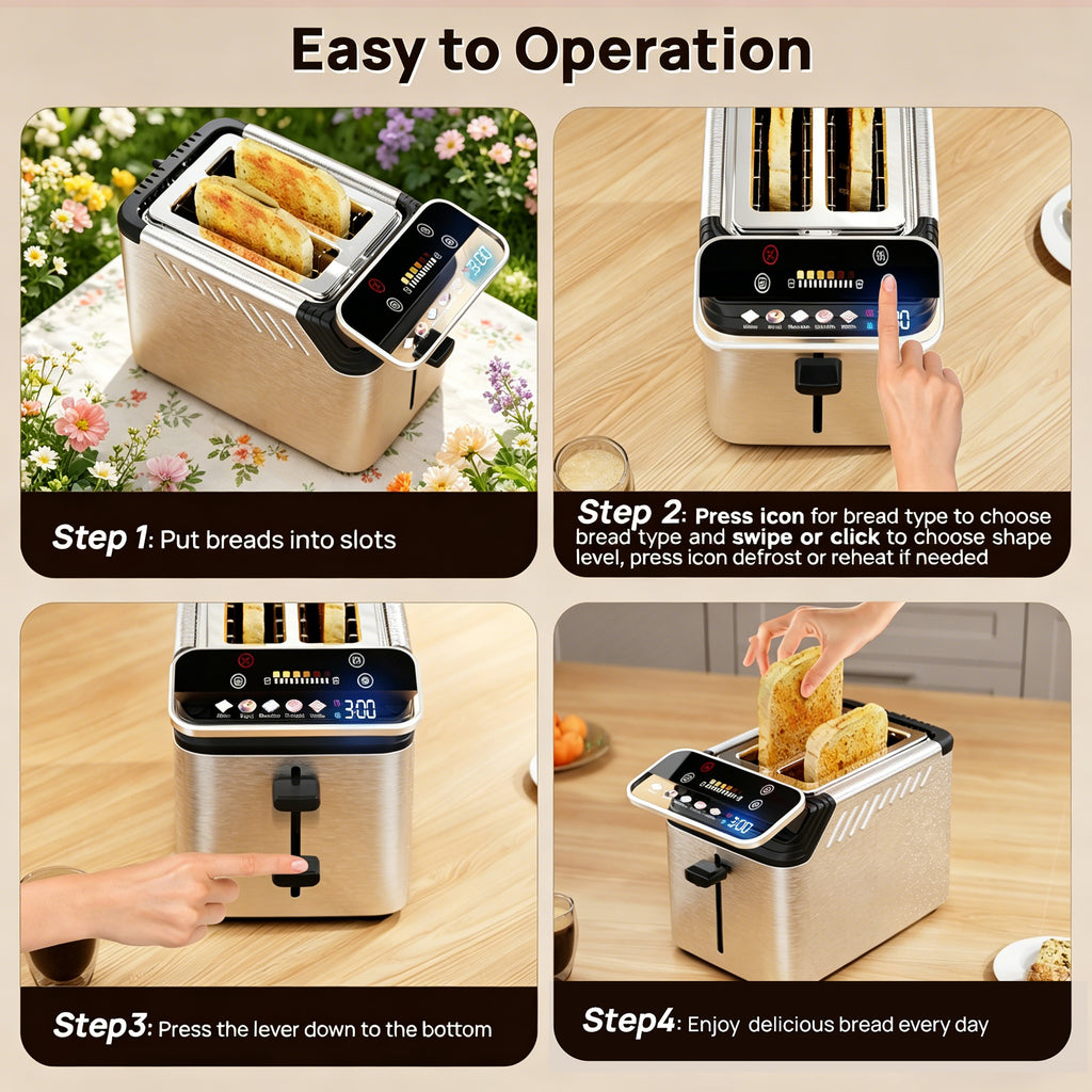 WHALLPRO Stainless Steel 2-Slice Smart Toaster with Touchscreen, Digital Timer, Extra-Wide Slots, Defrost/Reheat/Bread Type Functions, Warming Rack