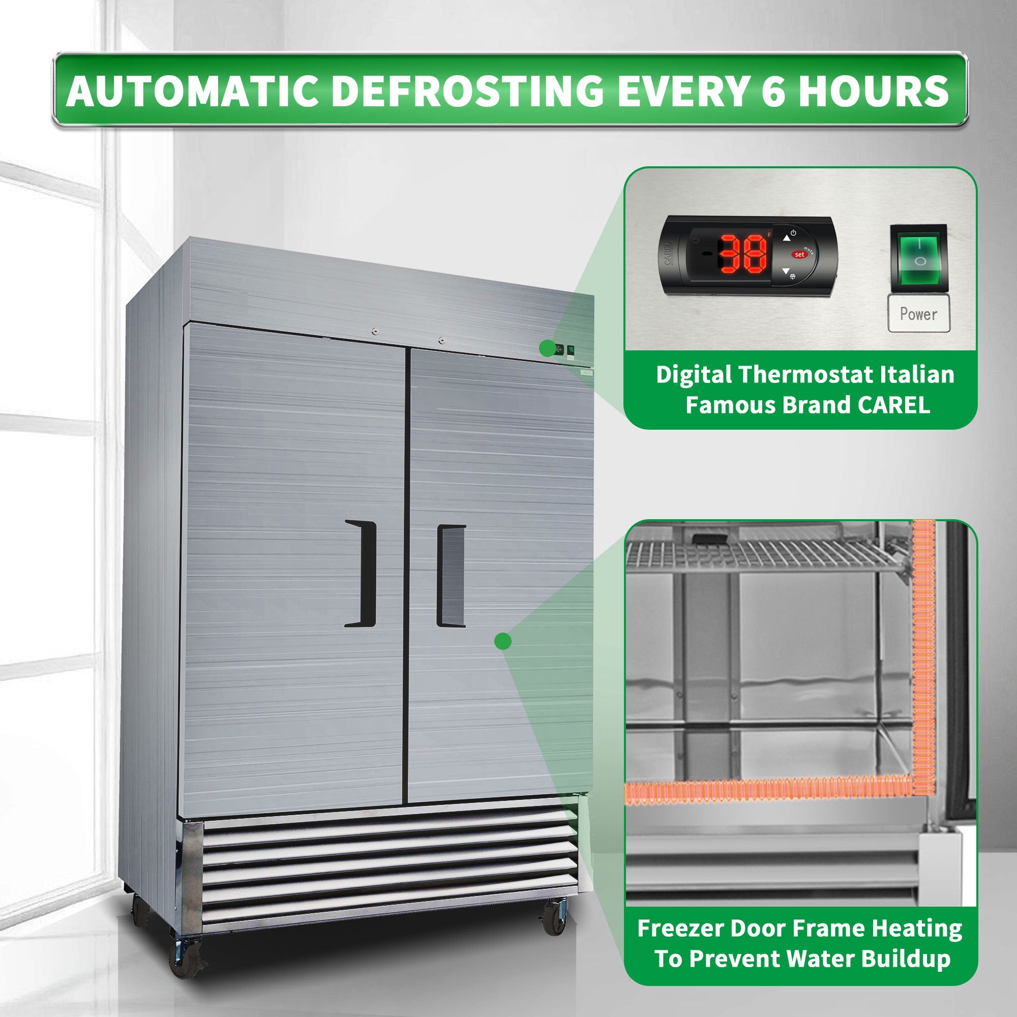 WURESE 54" Commercial Refrigerator, 49 cu.ft. 2 Solid Door Reach-In, Stainless Steel, ETL Approved, Upright Fridge for Restaurant & Kitchen Storage