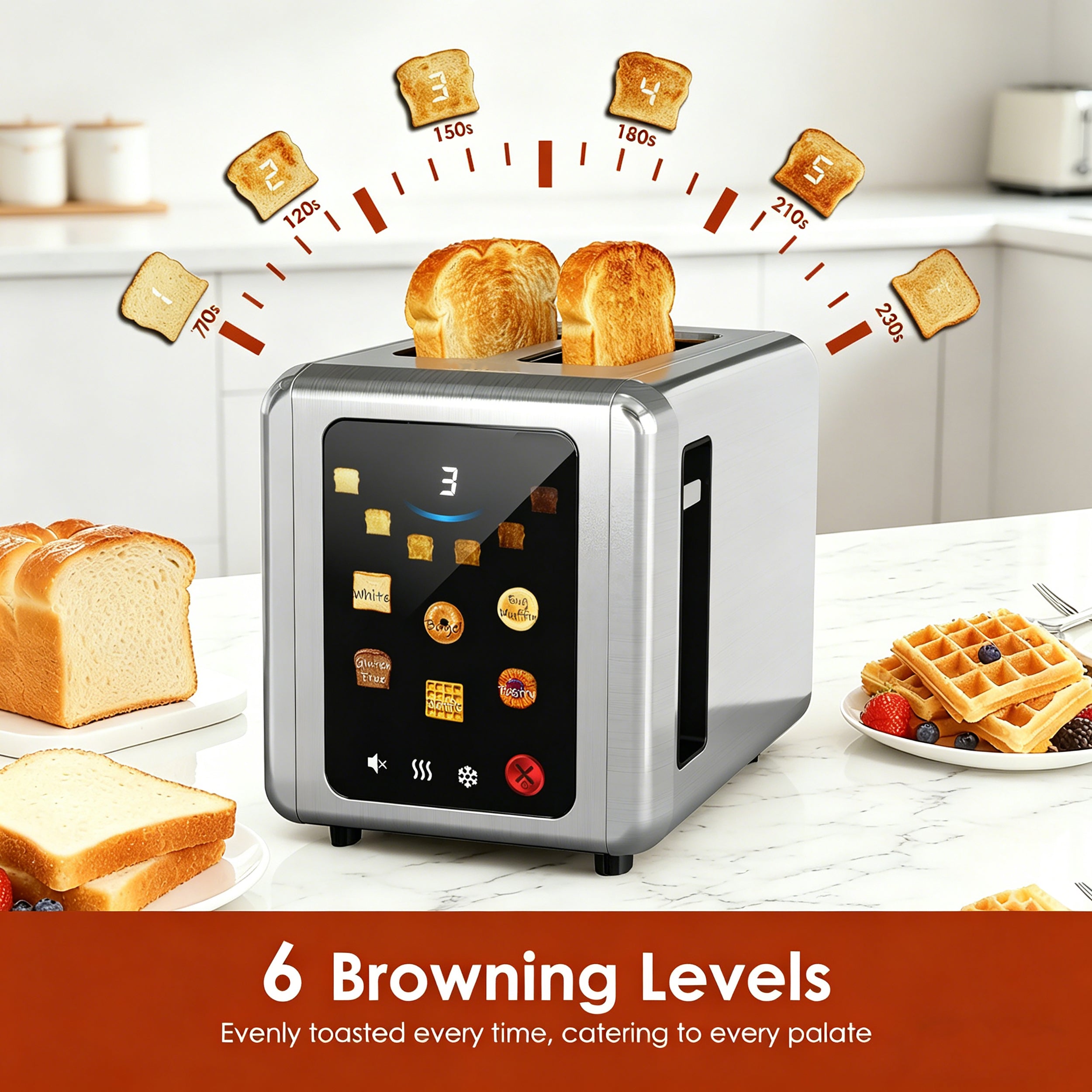 WHALLSE Touch Screen Toaster 2 Slice, 1.5'' Wide Slot Stainless Steel Toasters with Digital Timer, 6 Bread Types & 6 Shade Settings, Crumb Tray