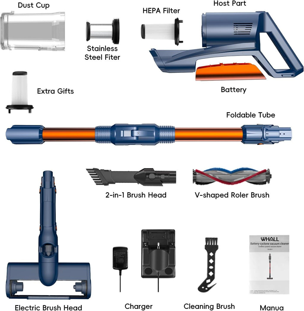 WURESE 25KPa Brushless Stick Cordless Vacuum, 55 Mins Run for Pet Hair & Floors